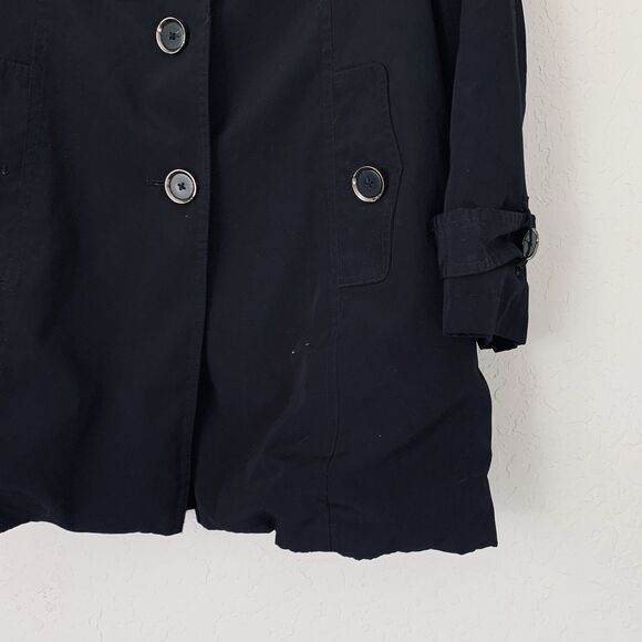 London Fog Women M Black Trench Coat  Button Front Hooded Classic Chic Travel - Picture 5 of 13